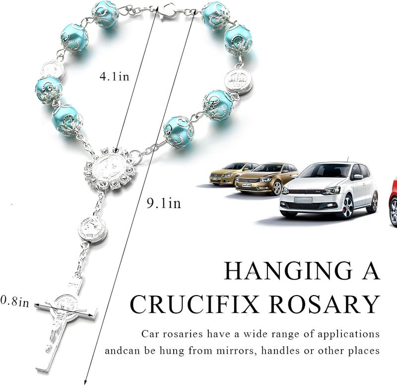 SHMZK Car Rosary for Rearview Mirror, Personalized Blessing Hanging Pendant for Car Rear View Mirror, Cross Rosary Ornament Interior Decor for Most Vehicles, Car Accessories (Blue) - Image 2